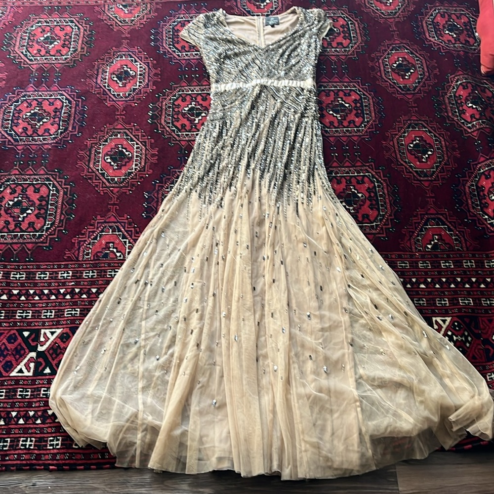 ADRIANNA PAPELL SEQUIN BEADED EMBELLISHED GOLD BRONZE MAXI DRESS LONG GOWN 4 - Picture 3 of 8
